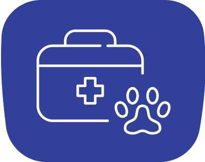 White first aid kit with a cross and a paw print on a blue background.