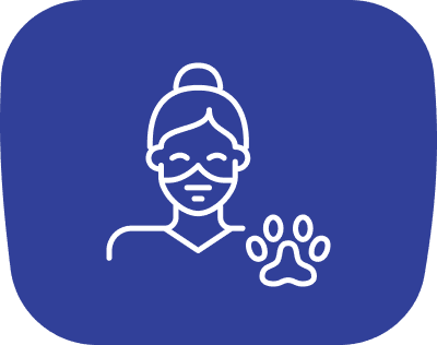 Icon of a person wearing a mask with a bun hairstyle and a paw print, on a blue background.